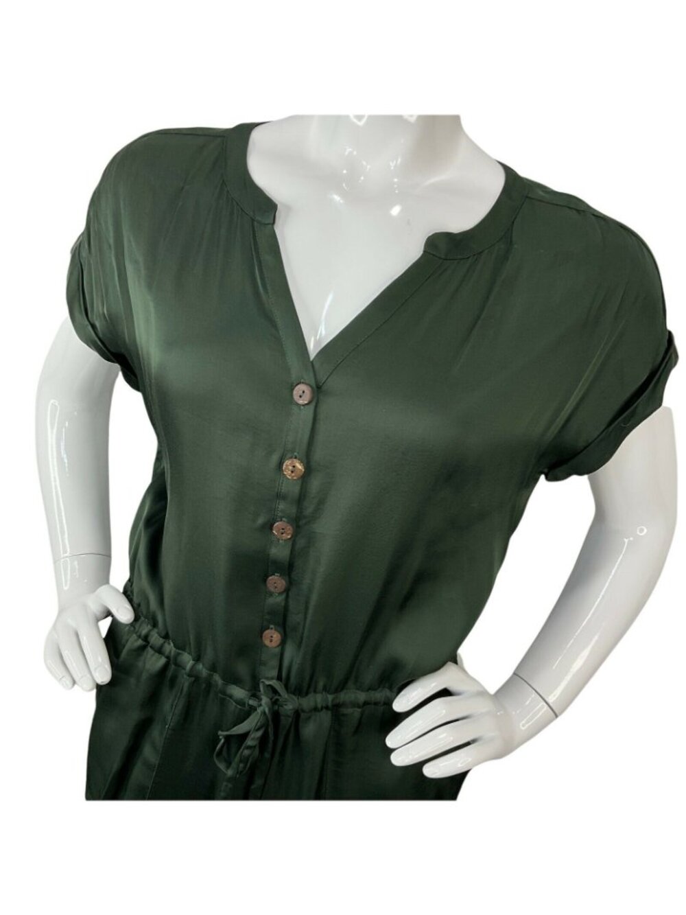 Chaser Romper Womens Size M Green Silky Feel Drawstring Shorts Button Up Nwt $88 - Picture 2 of 9